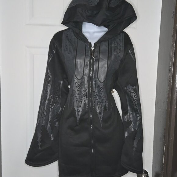 Black Hooded Womens Jacket with Silver Accents Ptp 23 32 Long - Picture 2 of 4